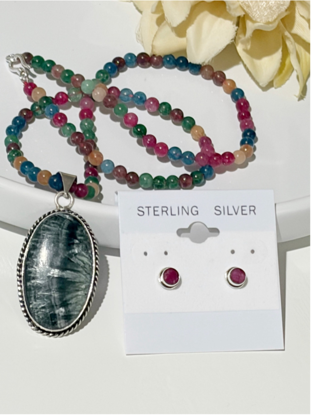 Seraphinite Pendant Set Lot Multi Gem Bead Necklace Sterling Silver 925 New